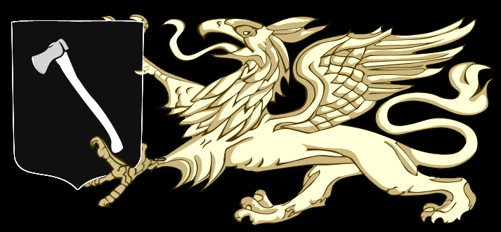Das Bild zeigt ein Wappen mit Axt auf schwarzem Grund vom Rostocker Greif gehalten.